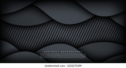 fondo de capas de diseño onduladas con degradado gris oscuro abstracto con rayas. vector eps10