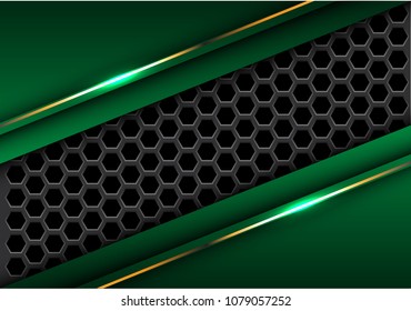 Abstract dark gray hexagon mesh in green triangle gold line design modern futuristic background vector illustration.