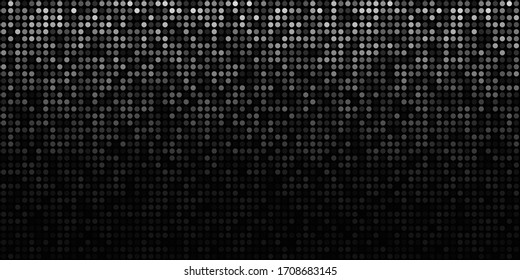 Abstract dark gray technology horizontal luminous background. Gradient grey digital glow pixel circle texture pattern. Vector illustration. 
