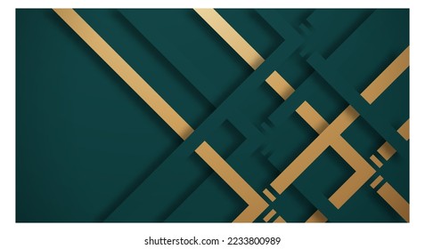 Abstract Dark Green 3D Background with Gold and Green Lines Paper Cut Style Textured. Usable for Decorative web layout, Poster, Banner, Corporate Brochure and Seminar Template Design