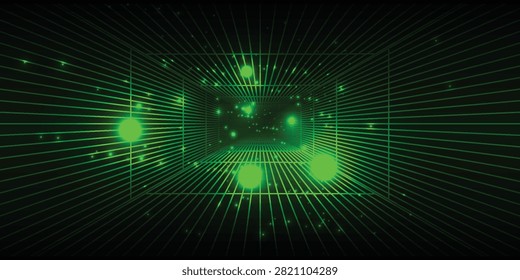 Abstract dark green 3D perspective grid tunnel vector background with glowing green light orbs and particle dots for futuristic technology banner or cyber space backdrop.