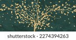 Abstract dark green art background with golden tree and leaves in gold line art style. Botanical banner for wallpaper design, decor, print, interior design, textile, packaging.