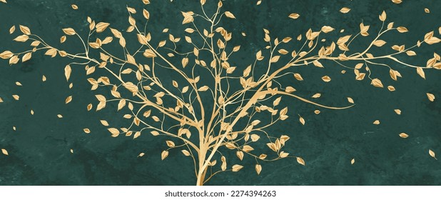 Abstract dark green art background with golden tree and leaves in gold line art style. Botanical banner for wallpaper design, decor, print, interior design, textile, packaging.