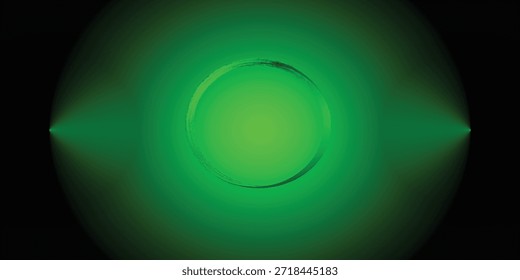 Abstractas fondo verde oscuro con orbe brillante central y haces de luz cónicos afilados para presentaciones de medios digitales modernos e Fondos de pantalla creativos de Diseño gráfico de alta tecnología