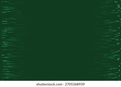Abstract dark green background with dynamic digital halftone dots pattern creating a modern technology-inspired design and data flow visualization