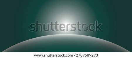 Abstract dark green background featuring a minimalist planet horizon curve with a bright glowing sun light flare effect. Modern futuristic space backdrop for tech banners and covers.