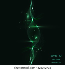 Abstract dark green background and neon light wave vector