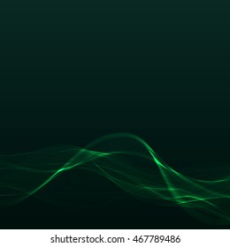 Abstract dark green background with neon lines and waves, vector illustration.