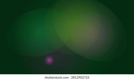 Abstract dark green background, with overlapping soft, circles and a, small purple dot