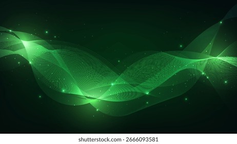 abstract dark green background with shimmering wave of flowing lines and light particles, a dynamic futuristic design evoking motion, technology and modern digital elegance