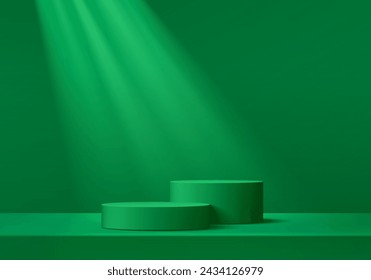 Abstract dark green cylinder pedestal podium. Green empty room, Shadow of window. Vector rendering 3d shape, Product display presentation. Studio room concept, Minimal wall scene. Stage for showcase.