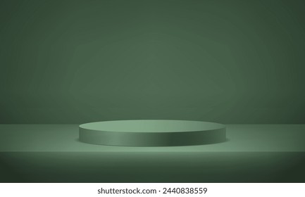 Abstract dark green cylinder pedestal podium. 3d podium minimal abstract background. Template mock up for display of product, Business backdrop. Empty room with light effect. Vector illustration.