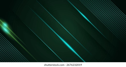 Vetor de modelo de fundo futurista verde escuro abstrato com linhas e luzes brilhantes. Fundo verde com forte vetor de design de padrão