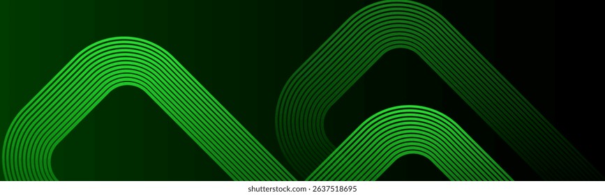 Abstract dark green gradient background with glowing green colour geometric rounded shapes lines. Diagonal curve effect lines.Dynamic shapes composition. Perfect for modern projects, business.