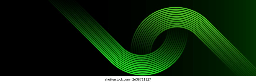 Abstract dark green gradient background with glowing green colour geometric rounded shapes lines. Diagonal curve effect lines.Dynamic shapes composition. Futuristic technology consept.