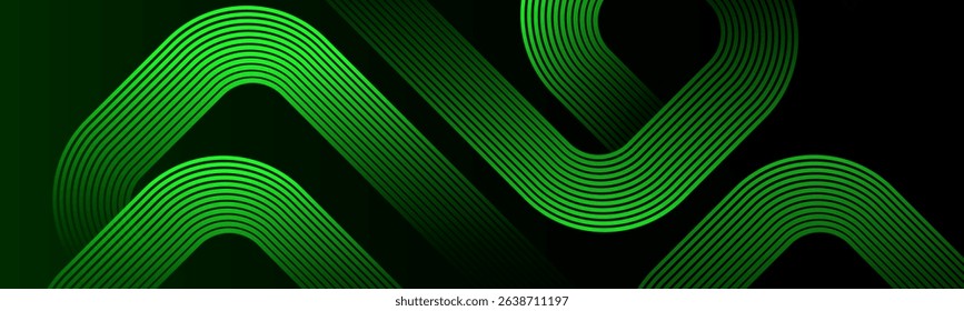 Abstract dark green gradient background with glowing green colour geometric rounded shapes lines. Diagonal curve effect lines.Dynamic shapes composition. Futuristic technology consept. Vector eps10.