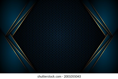 Abstract dark green luxury polygon with golden lines on dark steel mesh background. Modern technological innovation concept background.