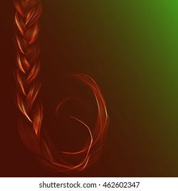 Abstract dark green and orange background with long red woman's braid and place for text, vector illustration