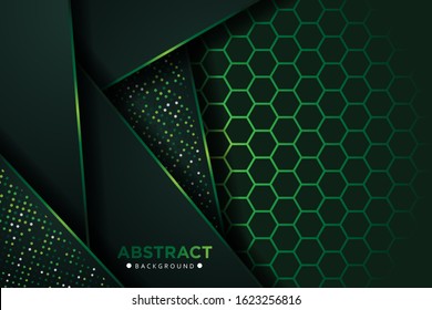 Abstract dark green overlap with glitters dots and hexagon mesh design modern luxury futuristic technology background vector illustration.