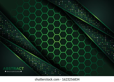Abstract dark green overlap with glitters dots and hexagon mesh design modern luxury futuristic technology background vector illustration.