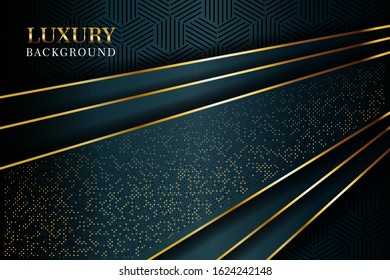 Abstract dark green overlap with glitters dotts and golden line modern luxury futuristic technology background vector illustration.