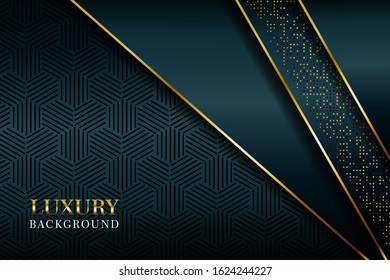 Abstract dark green overlap with glitters dotts and golden line modern luxury futuristic technology background vector illustration.