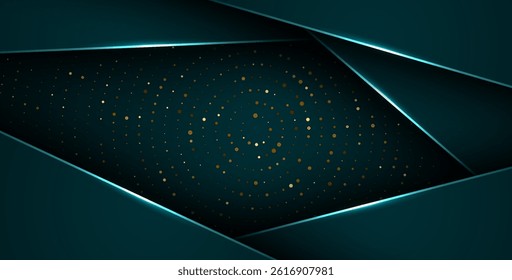 abstract dark green overlap layers with white light, circle texture with silver and golden glitters dots element decoration. eps10 vector