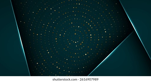 abstract dark green overlap layers with white light, circle texture with silver and golden glitters dots element decoration. eps10 vector
