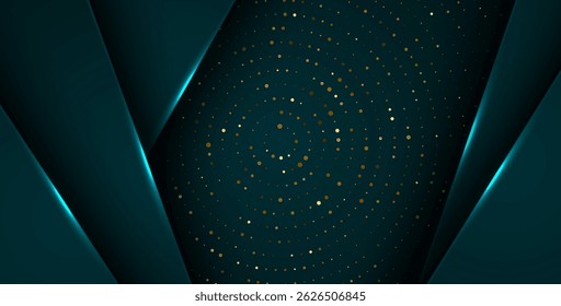 abstract dark green overlap layers with white light, circle texture with silver and golden glitters dots element decoration. eps10 vector