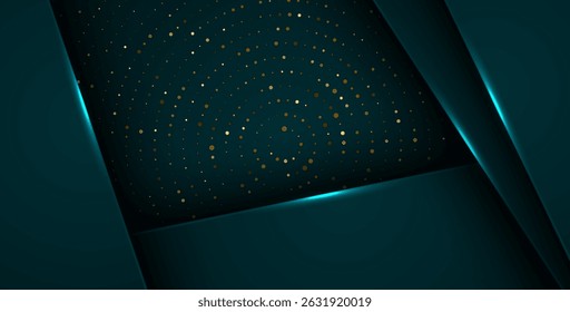 Capas abstractas de superposición verde oscuro con luz blanca, textura circular con brillos plateados y dorados. Decoración de elementos de puntos. EPS10 Vector