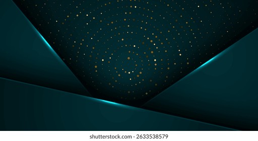 abstract dark green overlap layers with white light, circle texture with silver and golden glitters dots element decoration. eps10 vector