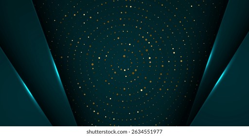 abstract dark green overlap layers with white light, circle texture with silver and golden glitters dots element decoration. eps10 vector