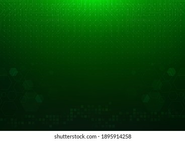 Abstract dark green technology background with hexagon,  square shape and circuit board lines. Vector illustration