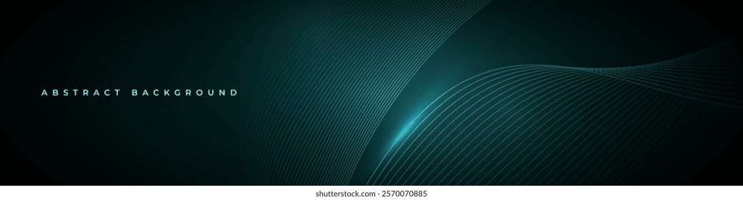 Abstract dark green vector background with glowing blue wavy lines. Turquoise futuristic technology wide banner.