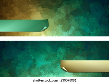 Abstract dark green vector digital watercolor painting background paper banner with curled corner