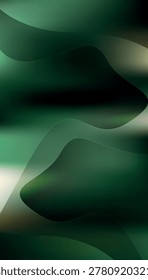 Abstract dark green vertical background with fluid wavy shapes for mobile wallpaper. Abstract green gradient background with elegant flowing curves and soft light effects.
