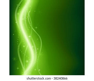 Abstract dark green wavy fantasy background with glowing lines and stars. Use of 9 global colors, linear gradients, blends and clipping mask.