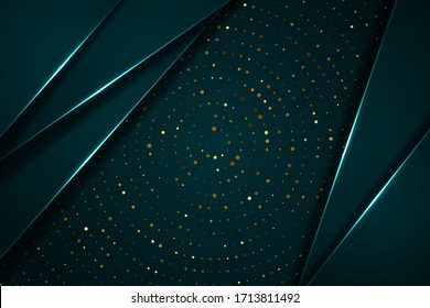 Verde oscuro abstracto con la línea luminosa solapar con los puntos de los brillantes dorados en círculo de fondo de lujo EPS10 vectorial