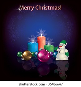 Abstract dark greeting with Christmas decorations and snowman