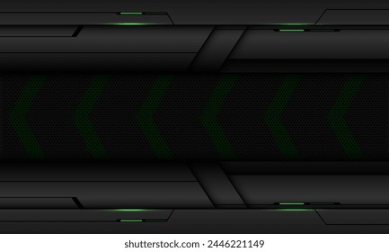 Abstractas gris oscuro metálico círculo de malla flecha verde dirección luz de la línea de poder negro diseño geométrico tecnología moderna futurista creativo blackground Ilustración vectorial.