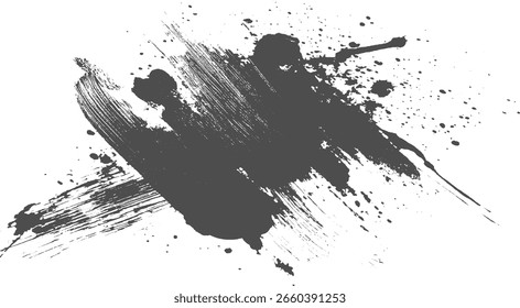 Abstrato cinza escuro salpicos de tinta e pinceladas em um fundo branco.