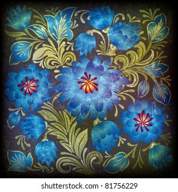 abstract dark grunge background with blue floral ornament