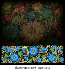 abstract dark grunge background with blue green floral ornament