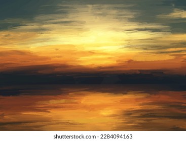 Abstract dark hand painted sunset landscape in oil paints