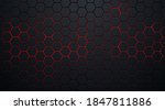 Abstract dark hexagon pattern on red neon background technology style. Modern futuristic geometric shape web banner design. You can use for cover template, poster, flyer, print ad. Vector illustration