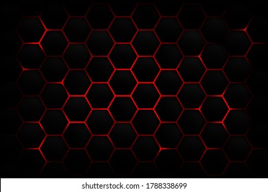 Abstract Dark Hexagon Pattern On Red Neon Background Technology Style. Modern Futuristic Honeycomb Concept. You Can Use For Cover Template, Poster, Banner Web, Flyer, Print Ad. Vector Illustration