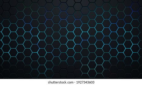 Resumen del patrón hexágono oscuro sobre el estilo de tecnología de fondo de luz de neón verde y azul. Diseño moderno de banner web de forma geométrica futurista. Puede usar para plantillas de portada, afiches, volantes, anuncios impresos.