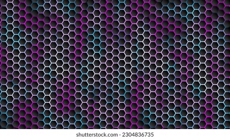 Abstract dark hexagon pattern on rainbow neon background technology style. Modern futuristic geometric shape web banner design. template, poster, flyer, and print ad. Vector