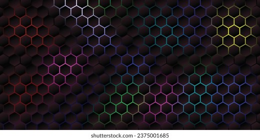 Abstract dark hexagon pattern on green neon background technology style. Modern futuristic honeycomb concept