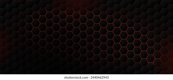 Abstract dark hexagon pattern on red neon background technology style. Modern futuristic geometric shape web banner design. You can use for cover template, poster, flyer, print ad. Vector illustration